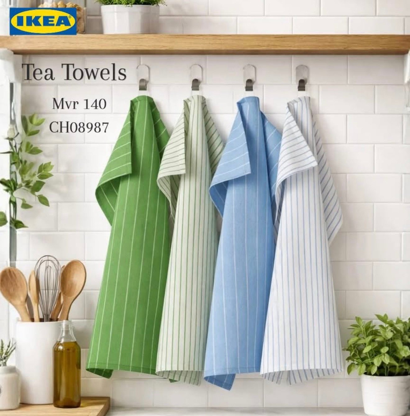 ✨RINNIG
Tea towel, green/blue striped, 45x60 cm - Image 2