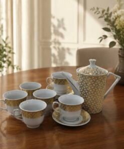 Tea set 💛Linear Luxe Geometric Print 13-Piece Porcelain
Cup and Saucer Set with Teapot