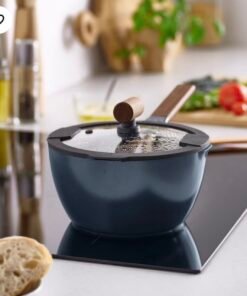 ✨KLIPPFISK
Saucepan with lid, non-stick coating glass/wood black-blue, 2.3 l